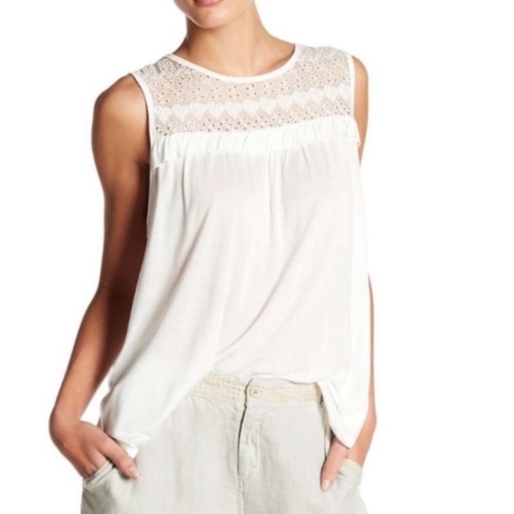 Johnny Was Tops - Johnny Was White Embroidered Crochet Yoke Tank Top